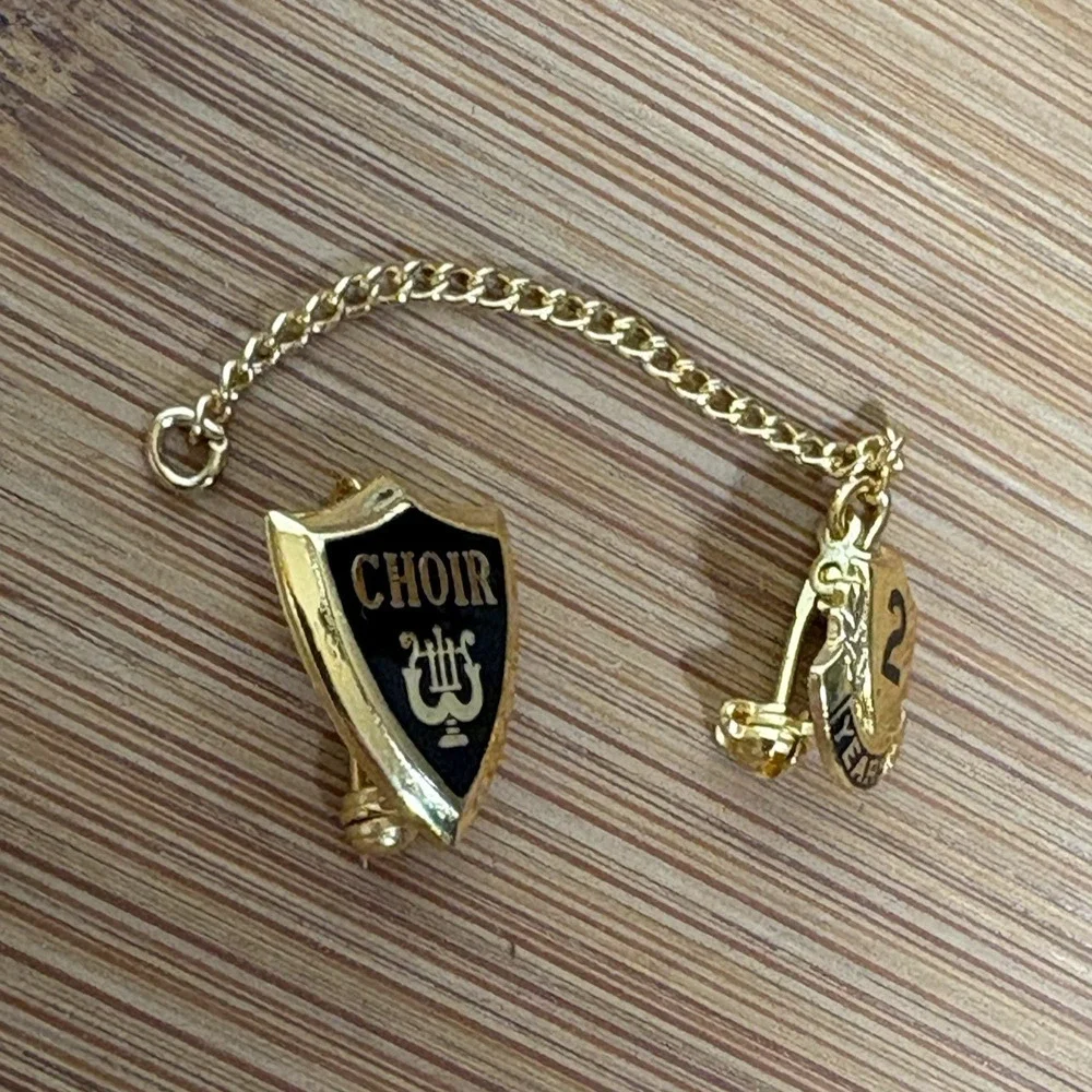 Vintage School Pins, Choir, 2 Year Gold Tone with Black Enamel Scatter Pin Chain
